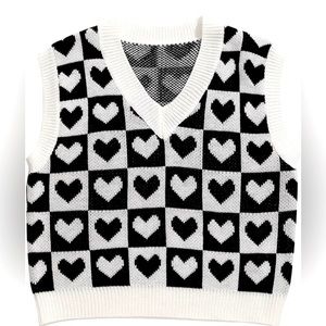 Women Cute Heart Checker Print Sweater Vest V Neck Size Medium